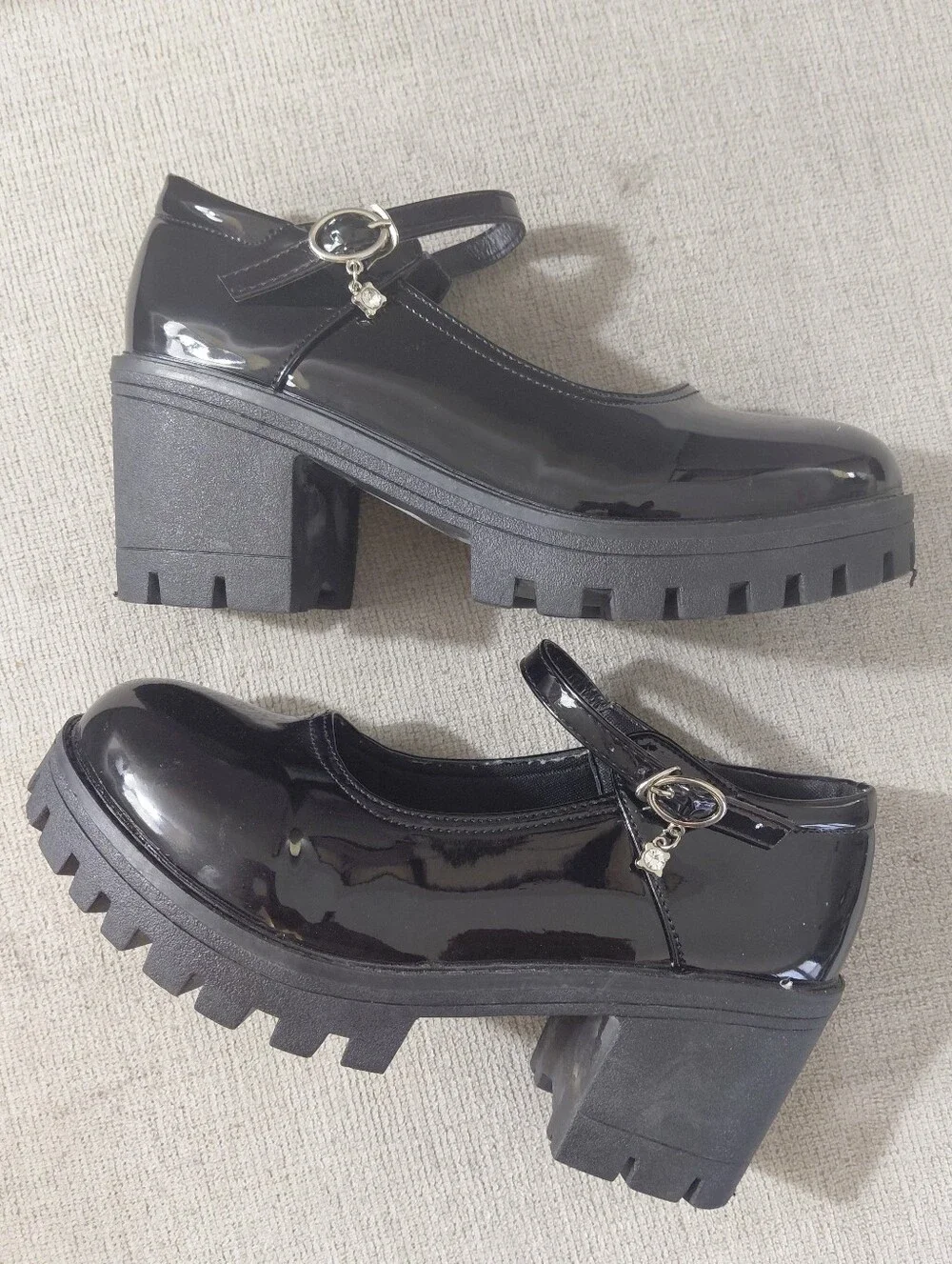 Black Patent Chunky Heel Lug Sole Mary Jane Shoes Size 10